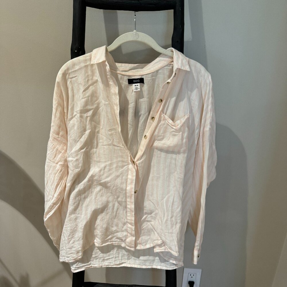 BDG Pink and White Striped Button Up Long Sleeve Top